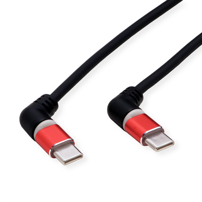 Kábel USB 2.0 Typ C CM/CM 1m, High Speed, čierny/červený, uhľový 90°, otočné konektory