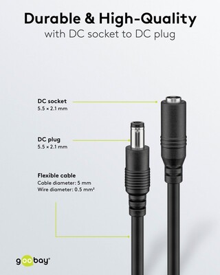 Kábel predlžovací DC 5.5mm / 2.1mm, AWG20, 10m, čierny