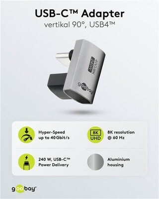 Adaptér USB 4, Typ C, CM/CF, zahnutý 90° (do dola/hora), 40Gbps, PD 240W, sivý/čierny