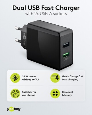 Nabíjačka USB 230V 2port, 2xUSB A, 28W, Quick Charge 3.0, čierna