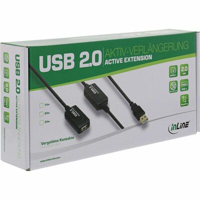 Kábel USB 2.0 A-A M/F 15m, High Speed, čierny, predlžovací, aktívny, pozl. kon.