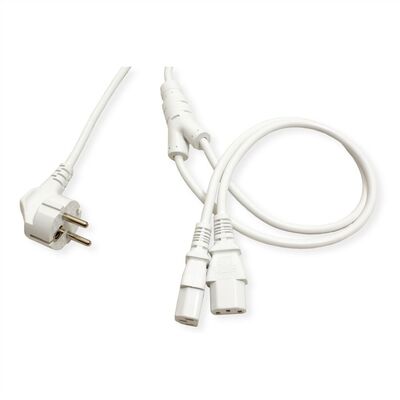Kábel sieťový 230V, vidlica (CEE7/7) lomená - 2x C13, 2m, 1.00mm², Y-Kábel, biely