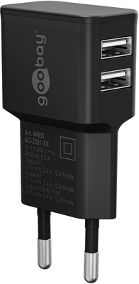 Nabíjačka USB 230V 2port, 2xUSB A, 2.4A, 12W, čierna