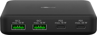 Nabíjačka USB 230V 4port, 2xUSB A, 2xUSB Typ C, 65W, PD, QC 3.0, kábel (C7) 1.5m, GaN, čierna