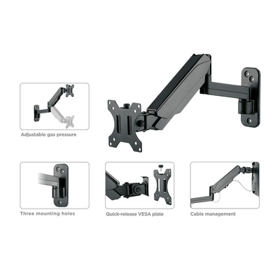 Držiak pre monitor na stenu, pneumatický, max 8kg, rameno 453mm, VESA 75/100, čierny