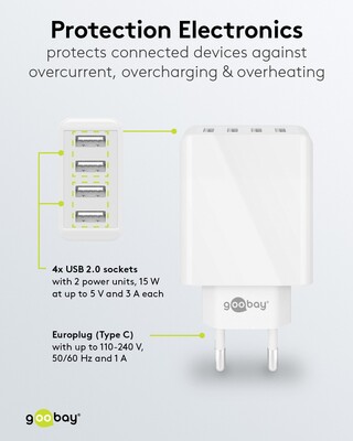 Nabíjačka USB 230V 4port, 4xUSB A, 3A, 30W, biela