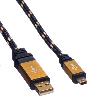 Kábel USB 2.0 A-MINI-B 5pin M/M 0.8m, High Speed, čierny/zlatý, Gold, pozl. konektor