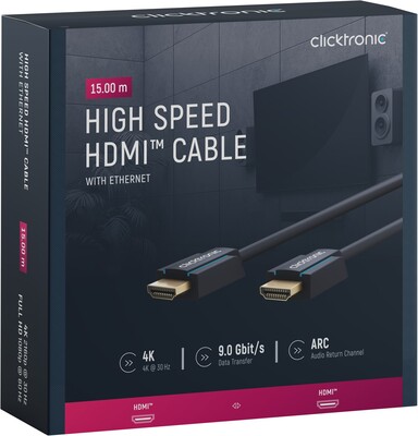 Kábel HDMI M/M 15m, High Speed+Eth, 4K@60Hz, HDMI 2.0, 18G, pozl. konektor, modrý, C