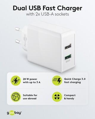 Nabíjačka USB 230V 2port, 2xUSB A, 28W, Quick Charge 3.0, biela