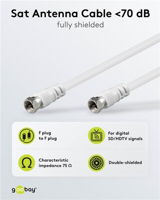 Kábel satelitný, koax F-konektor M/M 2.5m, 75 Ohm, <70dB, 2x tienený, CCS, biely