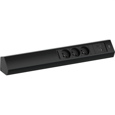 CASIA2 3xUTE 230V, USB nabíjačka, 2m kábel 1.5mm², vidlica CEE7/7, Hliník, čierna