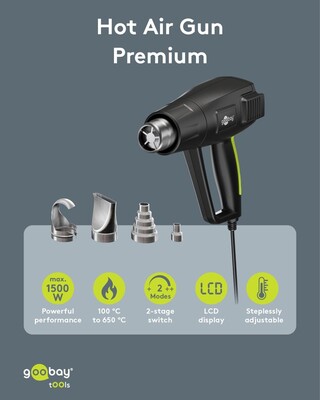 Teplovzdušná pištoľ 1500 W s LCD displejom, regulácia 100–650 °C, 4 nástavce, Premium, čierna