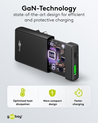 Nabíjačka USB 230V 2port, 1xUSB A, 1x USB Typ C, 65W, Power Delivery, Quick Charge 3.0, plochá, čier