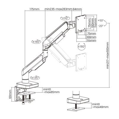 Držiak pre monitor na stôl, úchyt o dosku, pneumatický, max 20kg, rameno 542mm, VESA 75/100, čierny