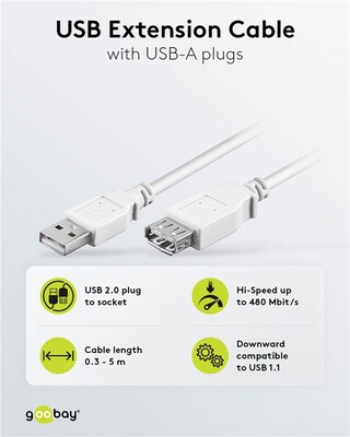 Kábel USB 2.0 A-A M/F 5m, High Speed, predlžovací, biely