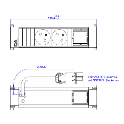 Power Frame 2xUTE 230V, 1xCustom, 0.2m kábel 1.5mm², GST18, biely