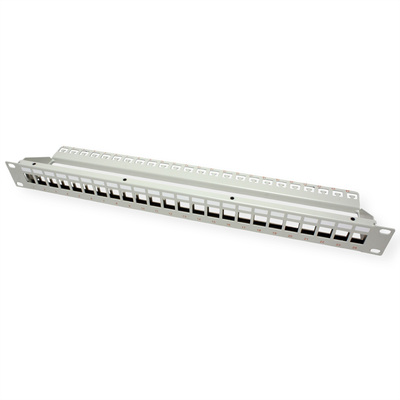 19" Patch panel 24port Keystone, tienený s uzemnením, celokovový, 1U, sivý