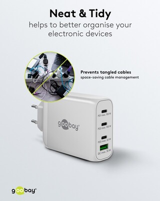 Nabíjačka USB 230V 4port, 1xUSB A, 3xUSB Typ C, 100W, Power Delivery, GaN, biela