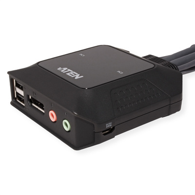 KVM switch/prepínač 2PC, DisplayPort 1.2, USB, audio, 1.2m káble, 4096x2160@30Hz, prepínanie tlačidl