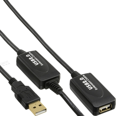 Kábel USB 2.0 A-A M/F 15m, High Speed, čierny, AKTÍVNY, pozl. konek.