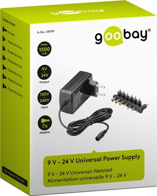 Adaptér NTS 1500mA Univerzálny 9-24V, 24W, 1.6m kábel, konektory: DC, čierny