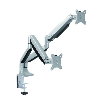 Držiak pre 2x monitor na stôl, úchyt o dosku, pneumatický, max 9kg, rameno 580mm, VESA 75/100, sivý
