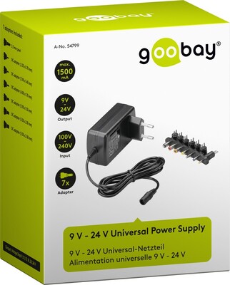 Adaptér NTS 1500mA Univerzálny 9-24V, 24W, 1.6m kábel, konektory: DC, čierny