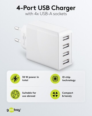 Nabíjačka USB 230V 4port, 4xUSB A, 3A, 30W, biela