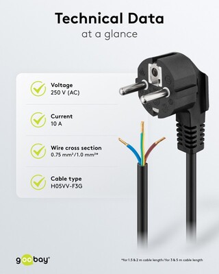 Kábel sieťový 230V, vidlica (CEE7/7) lomená - dutinky, 3m, 1.00mm², 16A, surový, čierny
