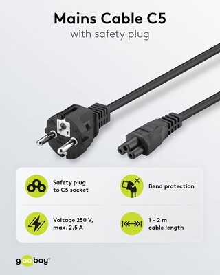 Kábel sieťový 230V pre notebook, vidlica (CEE7/7) priama - C5, 1.8m, 0.75mm², 2.5A, čierny