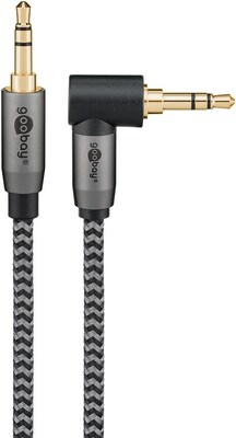 Kábel 3,5mm stereo jack M/M 0.5m, čierny/sivý, pozl. konektor, 1x uhlový 90°