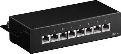 Patch panel 8port cat.6, tienený s uzemnením, celokovový, montáž na stenu, 1U, čierny
