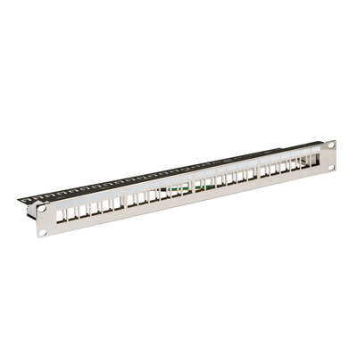 19" Patch panel 24port Keystone, tienený s uzemnením, celokovový, 1U, strieborný