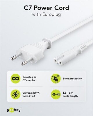 Kábel sieťový 230V, 2pin vidlica (CEE7/16) priama - C7 (2pin), 1.8m, 0.75mm², 2.5A, biely