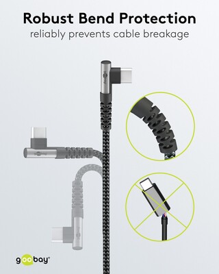 Kábel USB 2.0 Typ C CM/CM 1m, High Speed, Power Delivery 60w 20V3A, čierny/sivý, zahnutý 90°