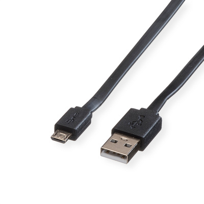 Kábel USB 2.0 A-MICRO-B M/M 1m, High Speed, čierny, 100%meď, flexibilný, plochý, TPE plášť