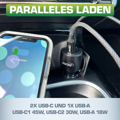 Nabíjačka USB do auta Power Delivery, 2xUSB C + QC USB A, max 5A 100W, čierna