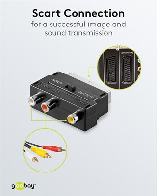 Adaptér SCART/3x Cinch (RCA), prepínač IN/OUT, čierny