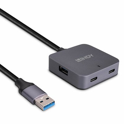 Kábel USB 3.2 Gen 1, A-A M/F 10m, 5Gbps, čierny, predlžovací, aktívny, 4port HUB (2xA, 2xTyp C)