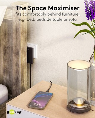 Nabíjačka USB 230V 2port, 1xUSB A, 1x USB Typ C, 65W, Power Delivery, Quick Charge 3.0, plochá, čier