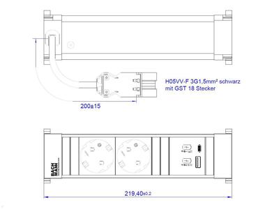Power Frame 2xSCHUKO 230V,nabíjačka (USB A + USB C) 22W, 0.2m kábel 1.5mm², GST18, hliník/čierny