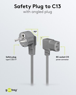 Kábel sieťový 230V, vidlica (CEE7/7) lomená - C13 zahnutý (doprava), 2m, 0.75mm², 10A, sivý