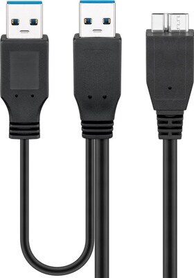 Kábel USB 3.2 Gen 1, 2xA-MICRO-B(3.0) M/M 0.3m, 5Gbps, čierny, Y-kábel, Extra napájanie