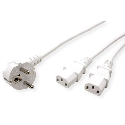Kábel sieťový 230V, vidlica (CEE7/7) lomená - 2x C13, 2m, 1.00mm², Y-Kábel, biely