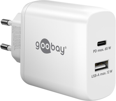 Nabíjačka USB 230V 2port, 1xUSB A 2.0, 1xUSB C (Power Delivery), 65W, GaN, biela