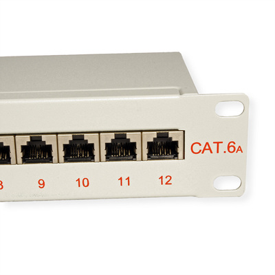 10" Patch panel 12port cat.6a, tienený s uzemnením, celokovový, 1U, sivý