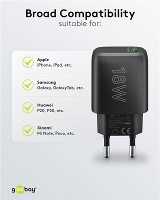 Nabíjačka USB 230V 1 port, 1xUSB A QC 3.0, 18W, čierna