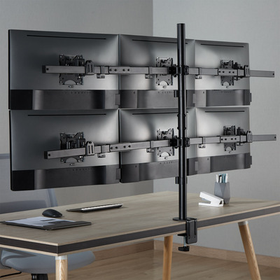 Držiak pre 6x monitor na stôl, úchyt o dosku, max 7kg, výška 860mm, VESA 75/100, čierny