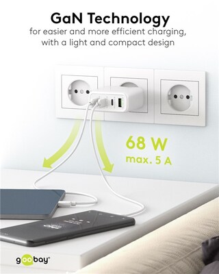Nabíjačka USB 230V 4port, 1xUSB A, 3xUSB Typ C, 68W, Power Delivery, GaN, čierna