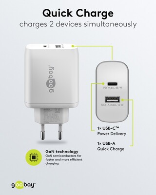 Nabíjačka USB 230V 2port, 1xUSB A 2.0, 1xUSB C (Power Delivery), 65W, GaN, biela